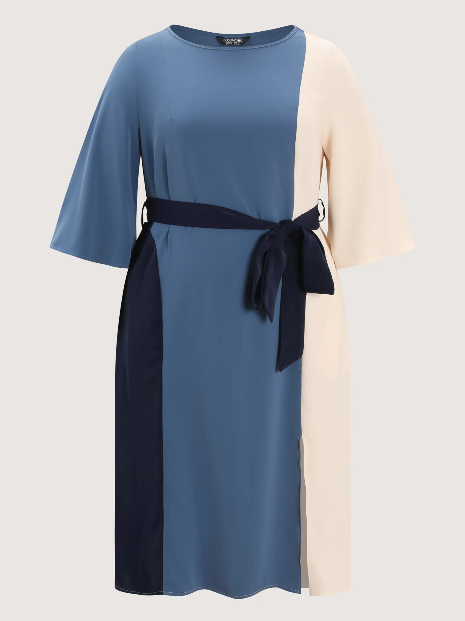 Colorblock Belted Round Neck Midi Dress - Image 7