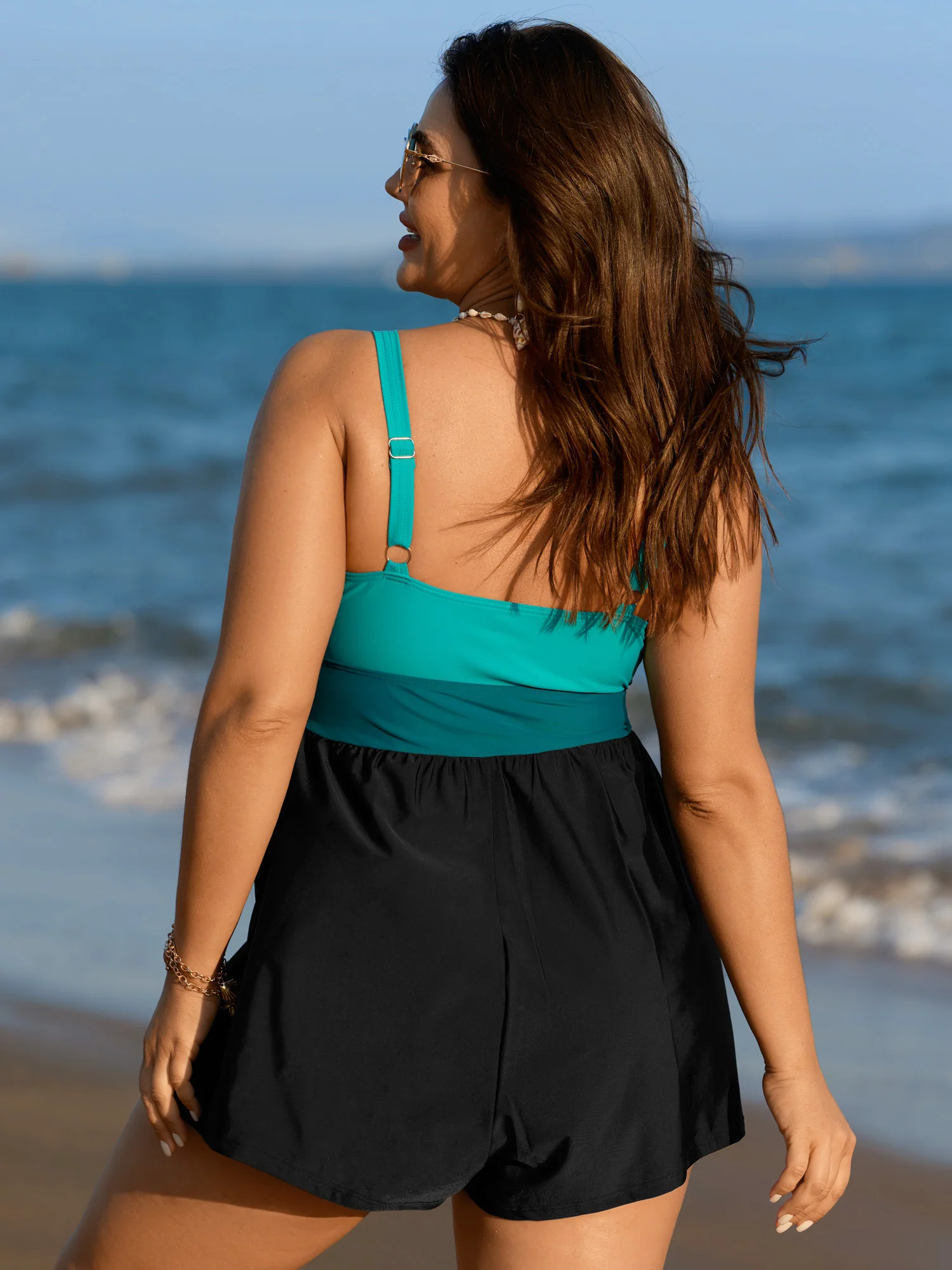 Colorblock Button Pockets One Piece Swimsuit - Image 5