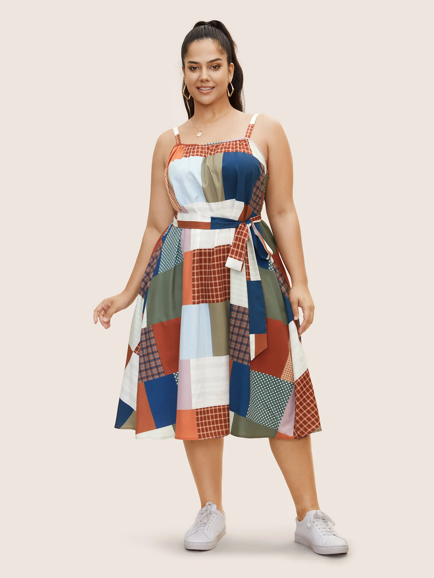 Colorblock Contrast Belted Midi Cami Dress - Image 2