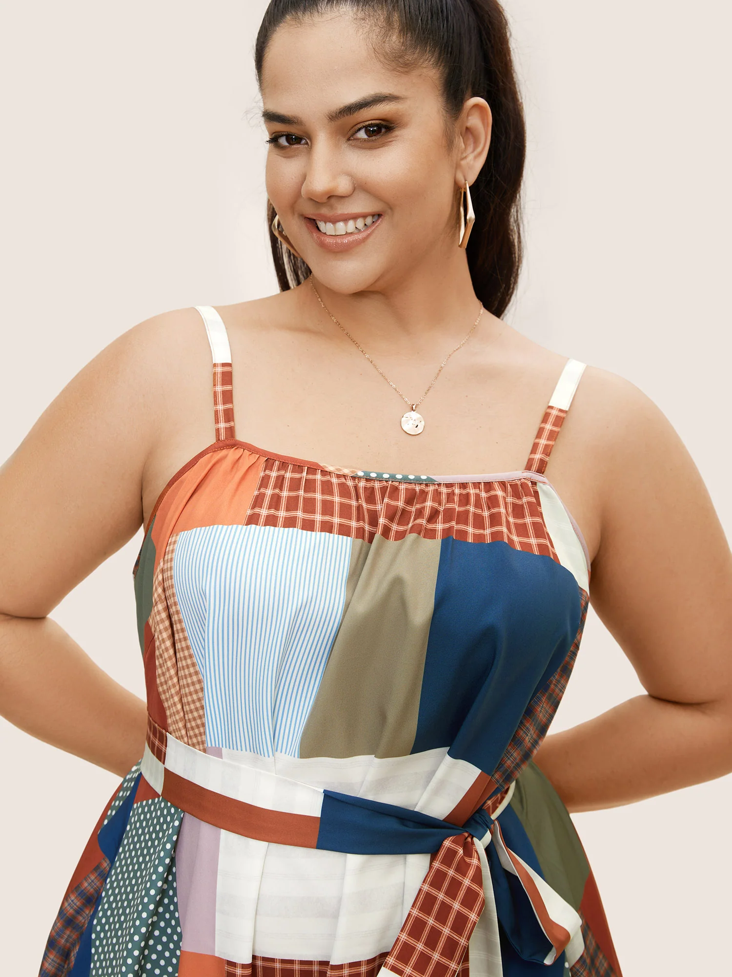 Colorblock Contrast Belted Midi Cami Dress - Image 5