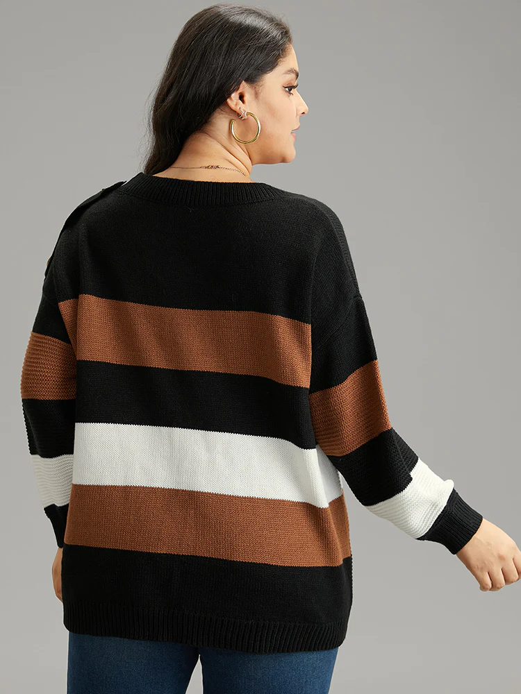 Colorblock Contrast Button Detail Crew Neck Pullover - Image 2