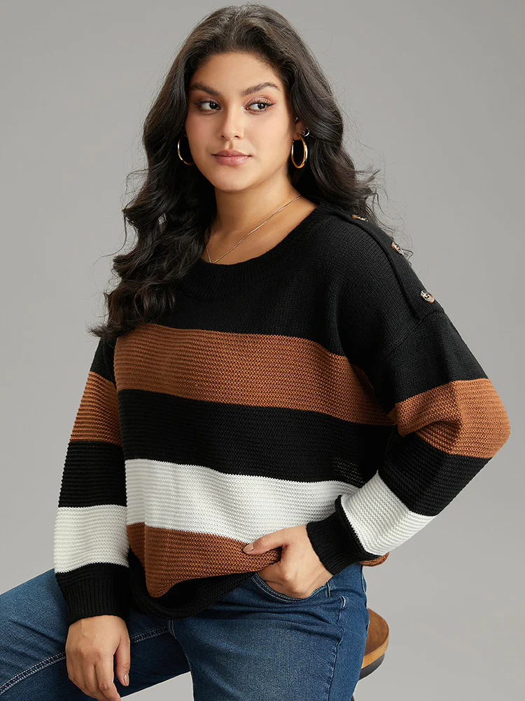 Colorblock Contrast Button Detail Crew Neck Pullover - Image 3