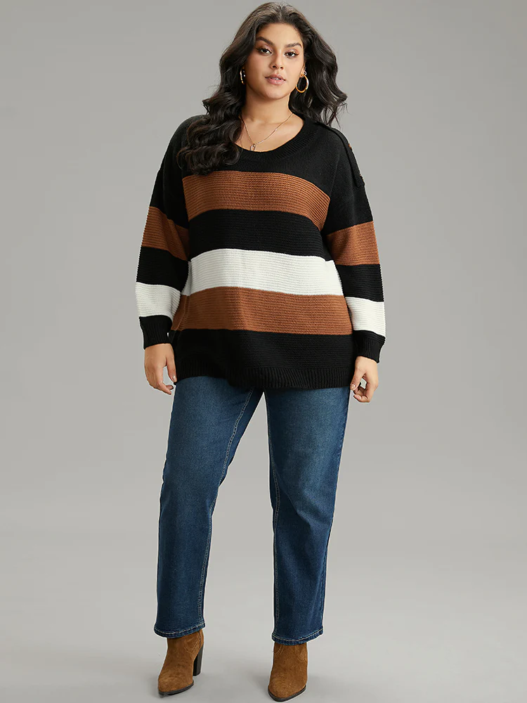 Colorblock Contrast Button Detail Crew Neck Pullover - Image 4