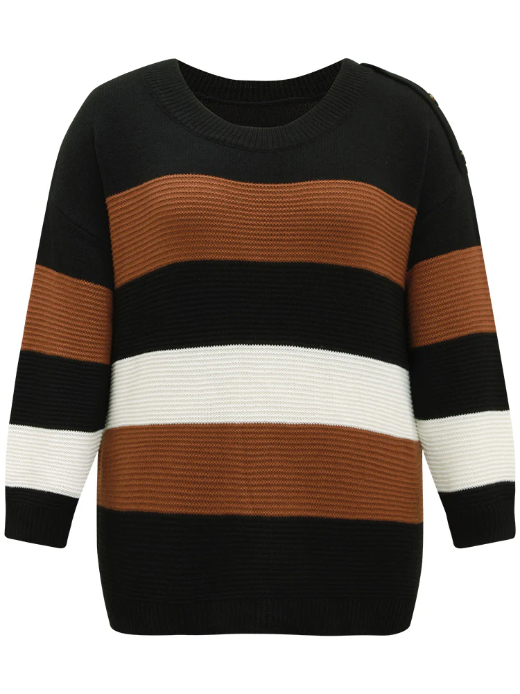 Colorblock Contrast Button Detail Crew Neck Pullover - Image 6