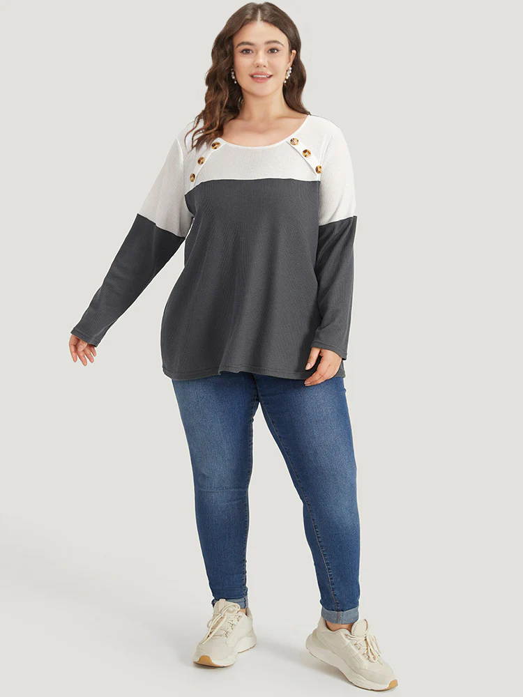 Colorblock Contrast Button Detail Crew Neck T-shirt - Image 5