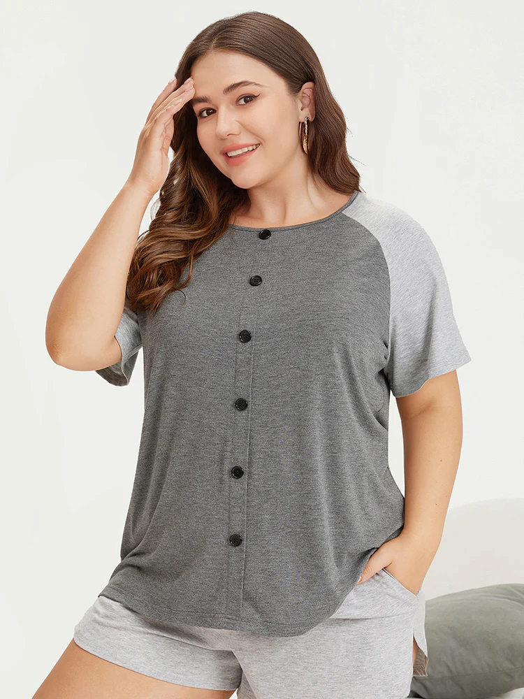 Color Contrast Button Detail Raglan Sleeve Pajama Top - Image 3
