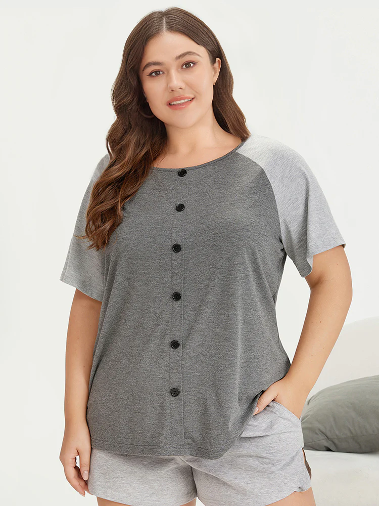 Color Contrast Button Detail Raglan Sleeve Pajama Top - Image 4