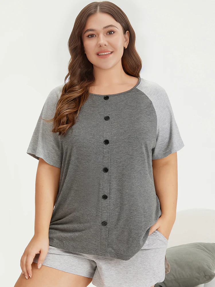 Color Contrast Button Detail Raglan Sleeve Pajama Top - Image 5