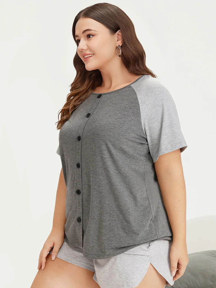 Color Contrast Button Detail Raglan Sleeve Pajama Top - Image 6