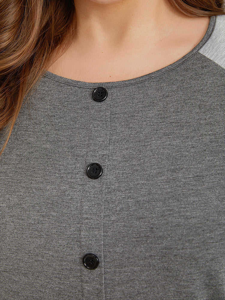 Color Contrast Button Detail Raglan Sleeve Pajama Top - Image 7