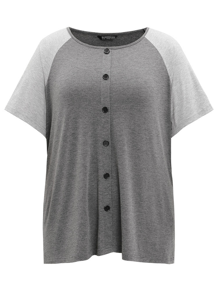 Color Contrast Button Detail Raglan Sleeve Pajama Top - Image 9