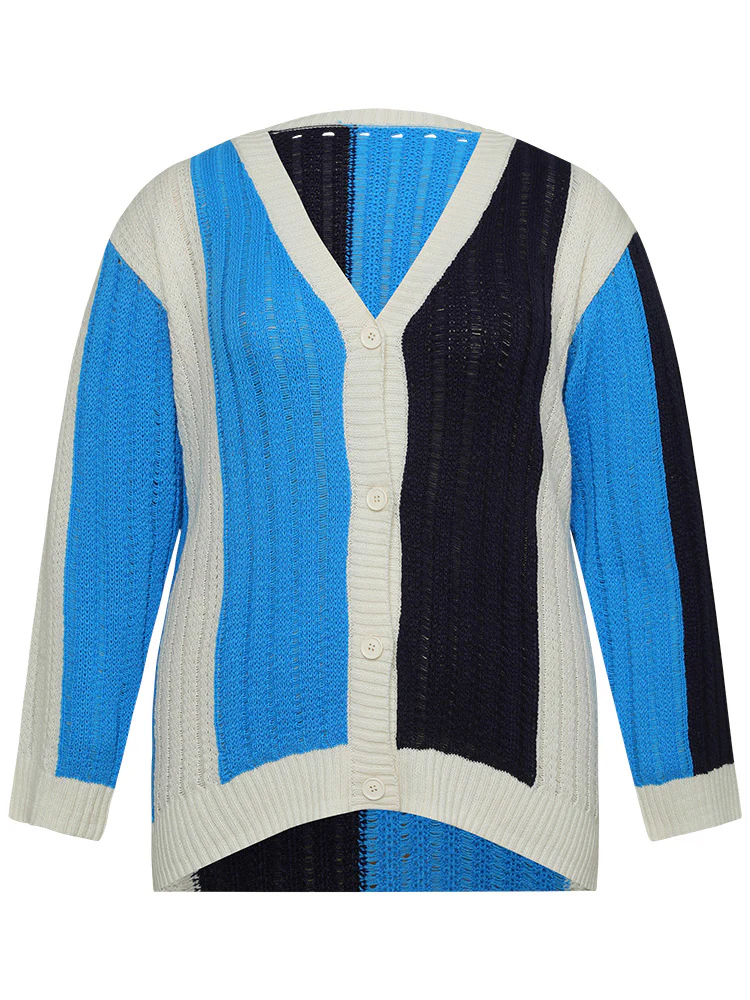Colorblock Contrast Button Down Drop Shoulder Cardigan - Image 10
