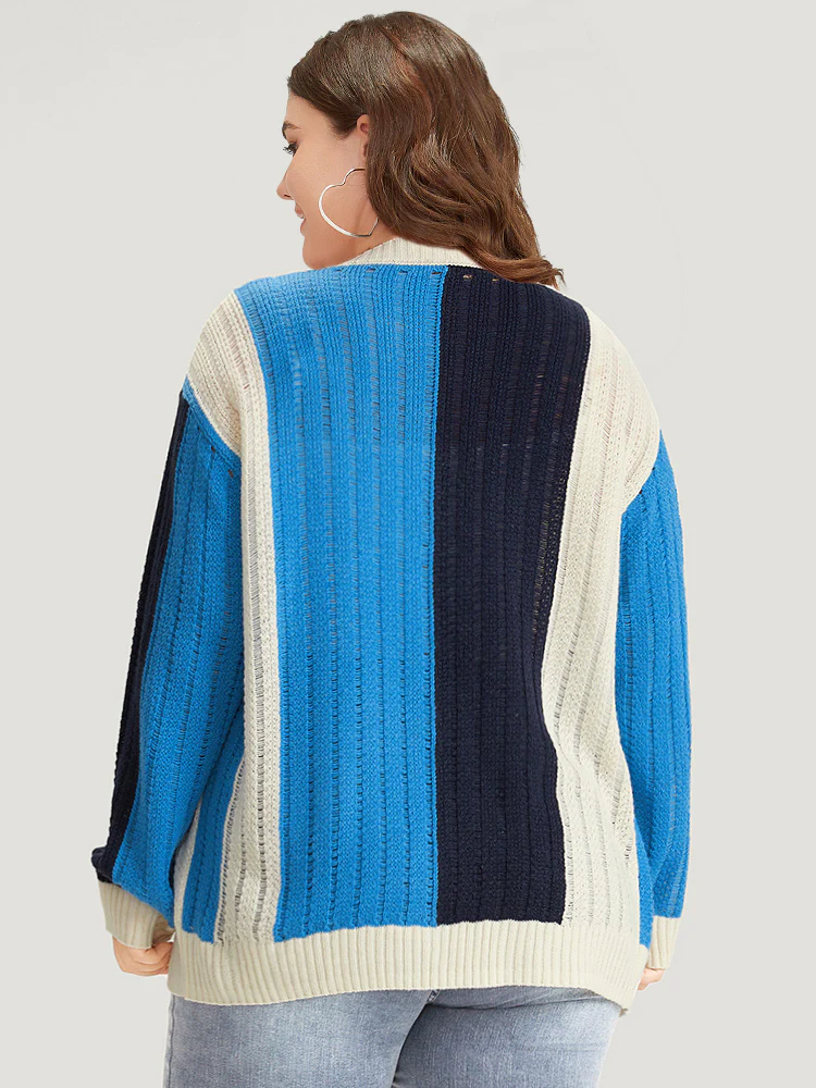 Colorblock Contrast Button Down Drop Shoulder Cardigan - Image 2