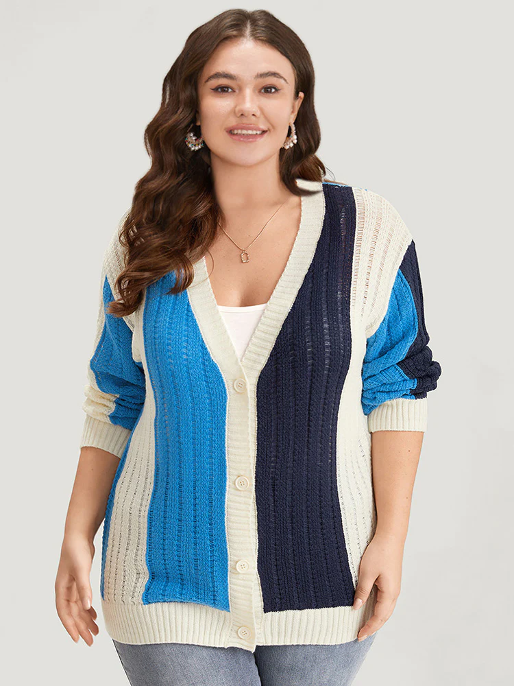 Colorblock Contrast Button Down Drop Shoulder Cardigan - Image 3