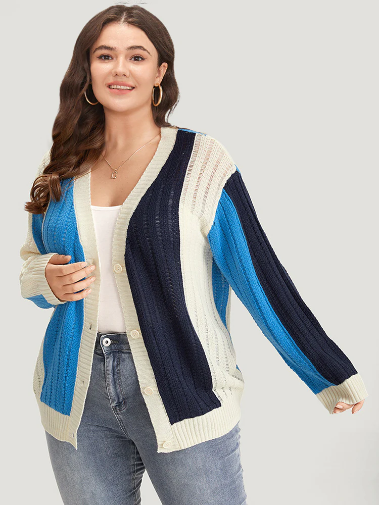 Colorblock Contrast Button Down Drop Shoulder Cardigan - Image 4