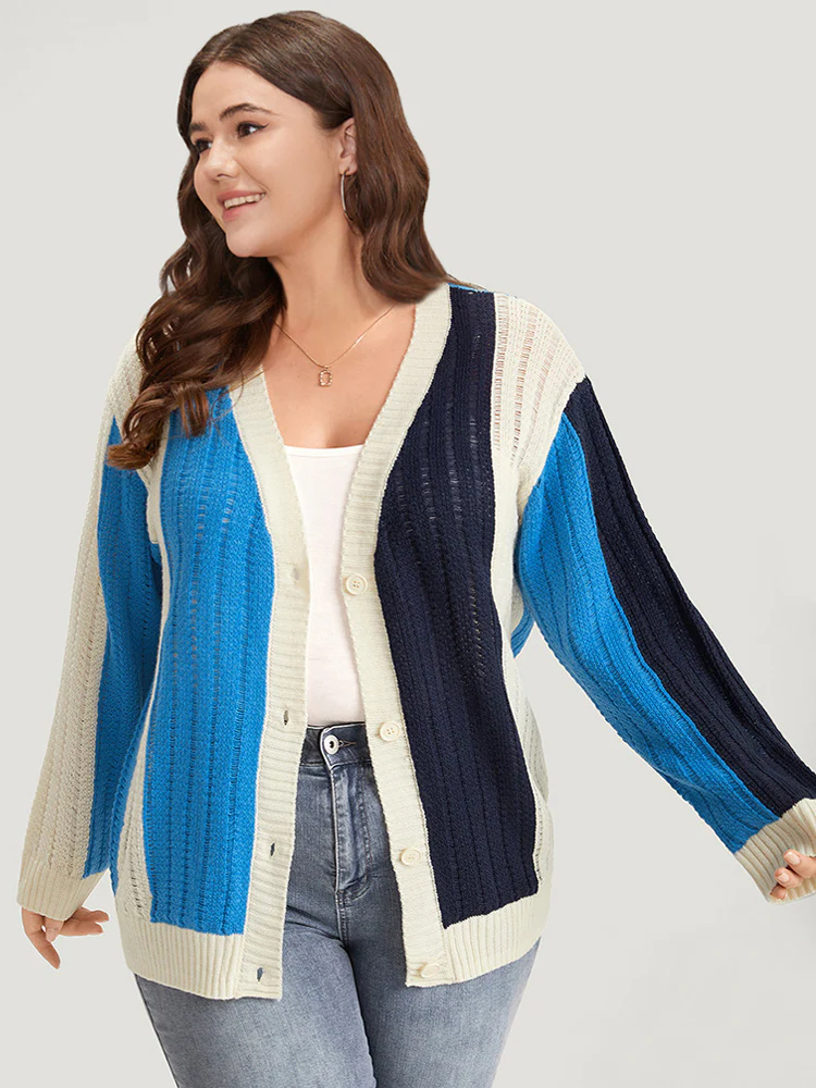 Colorblock Contrast Button Down Drop Shoulder Cardigan - Image 5