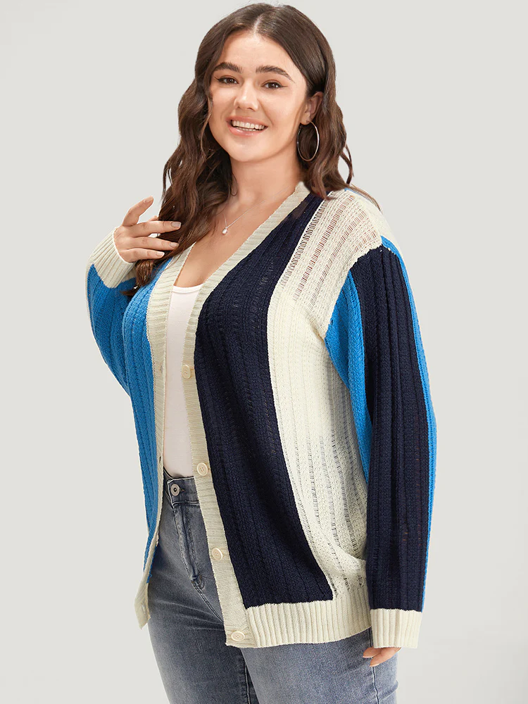 Colorblock Contrast Button Down Drop Shoulder Cardigan - Image 6