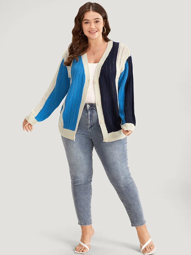 Colorblock Contrast Button Down Drop Shoulder Cardigan - Image 7