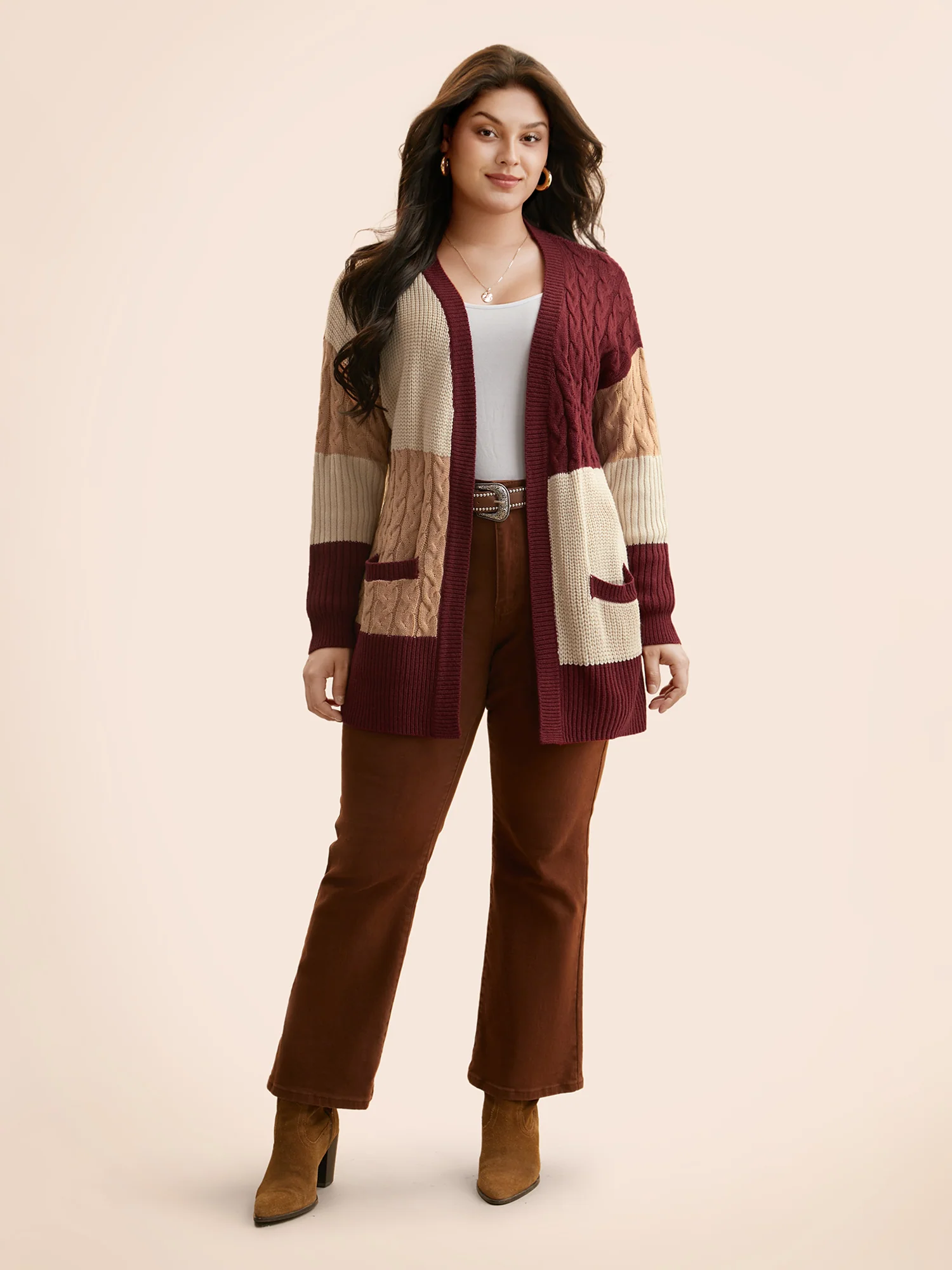 Colorblock Contrast Cable Knit Pocket Cardigan - Image 3