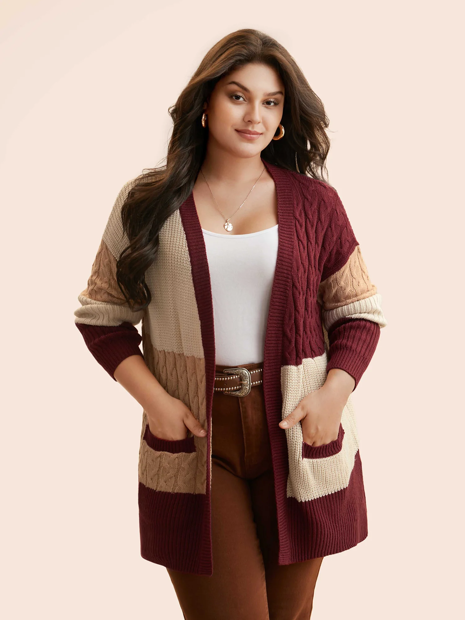Colorblock Contrast Cable Knit Pocket Cardigan - Image 4
