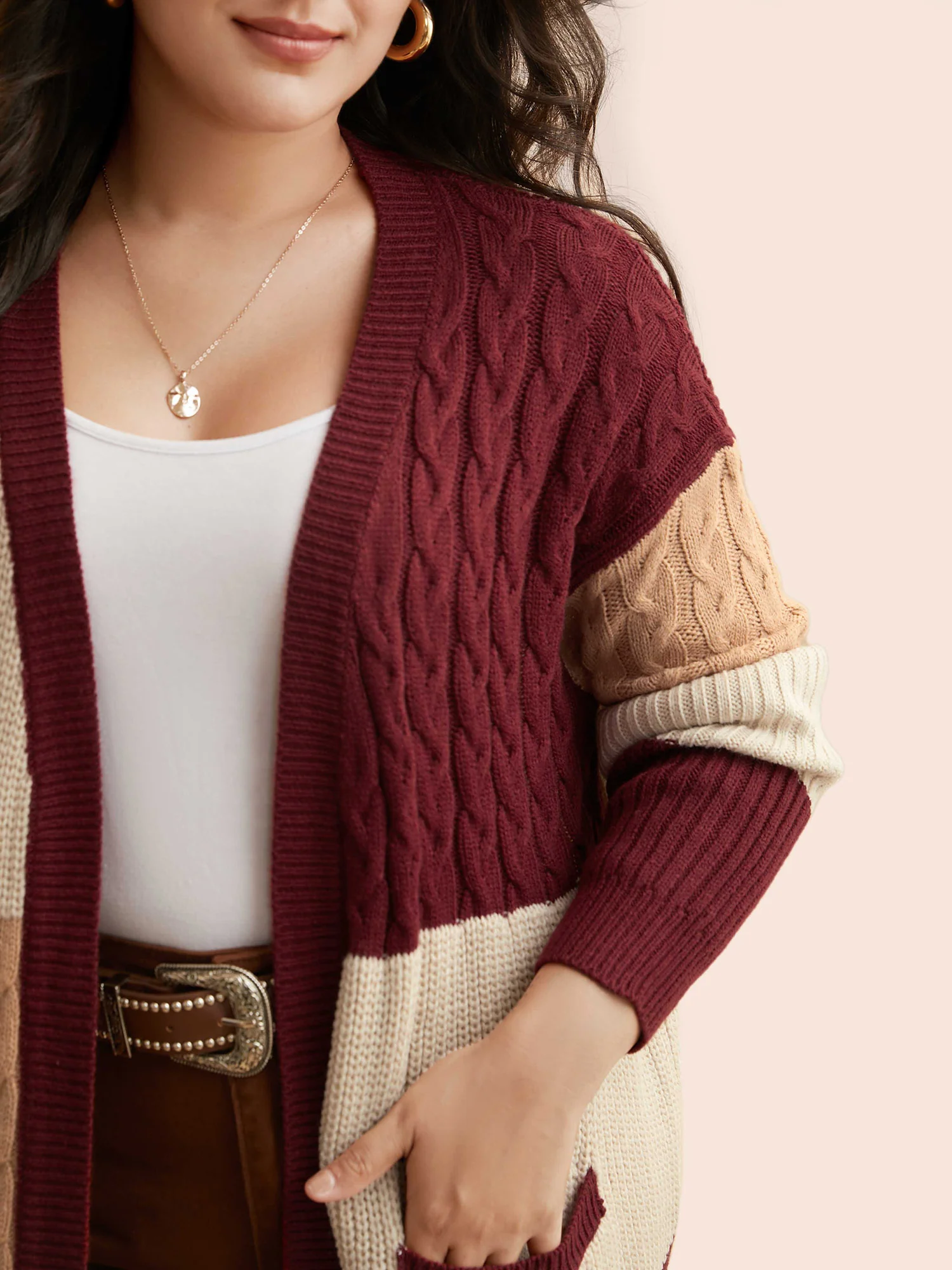 Colorblock Contrast Cable Knit Pocket Cardigan - Image 5