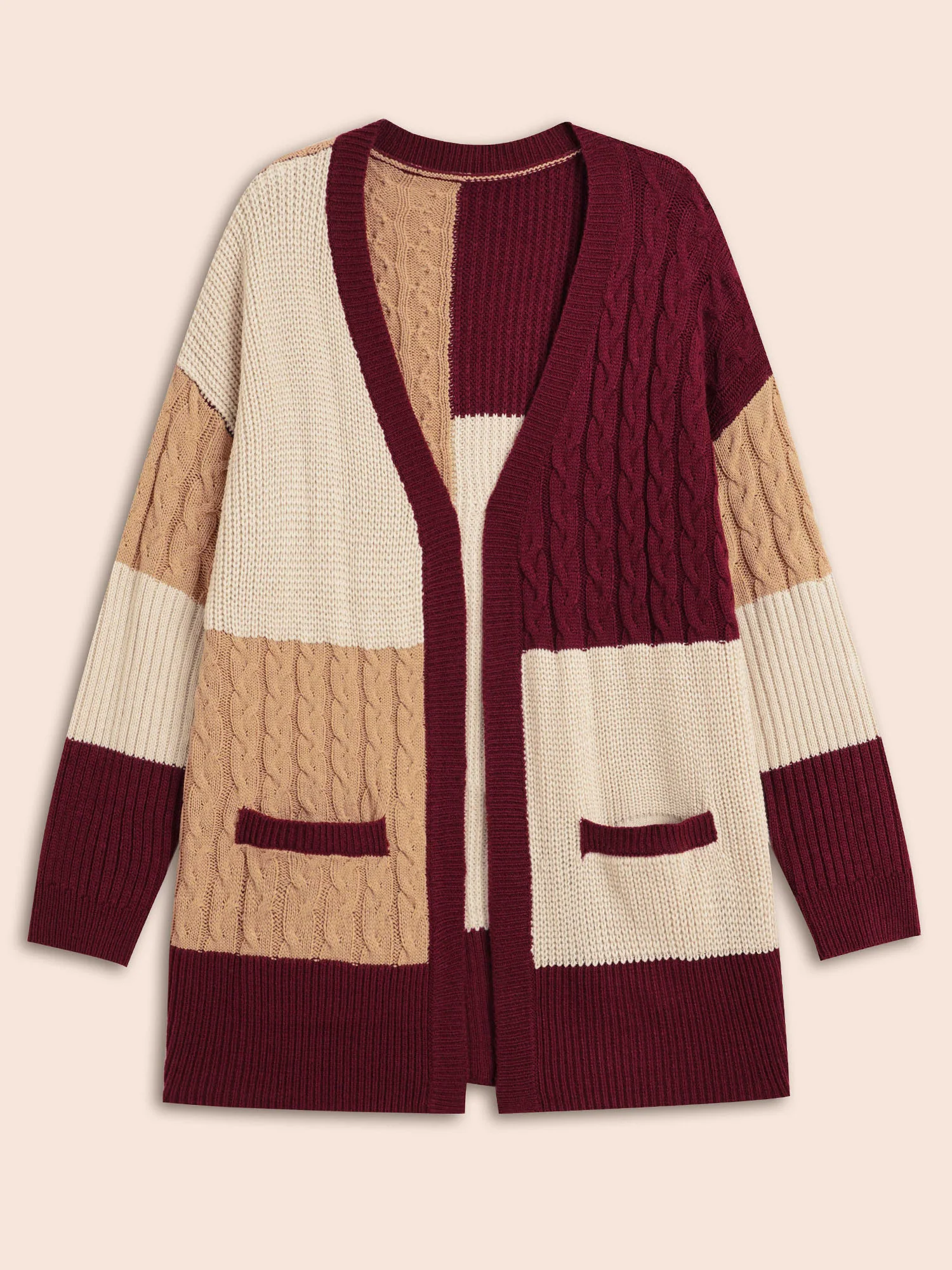 Colorblock Contrast Cable Knit Pocket Cardigan - Image 8