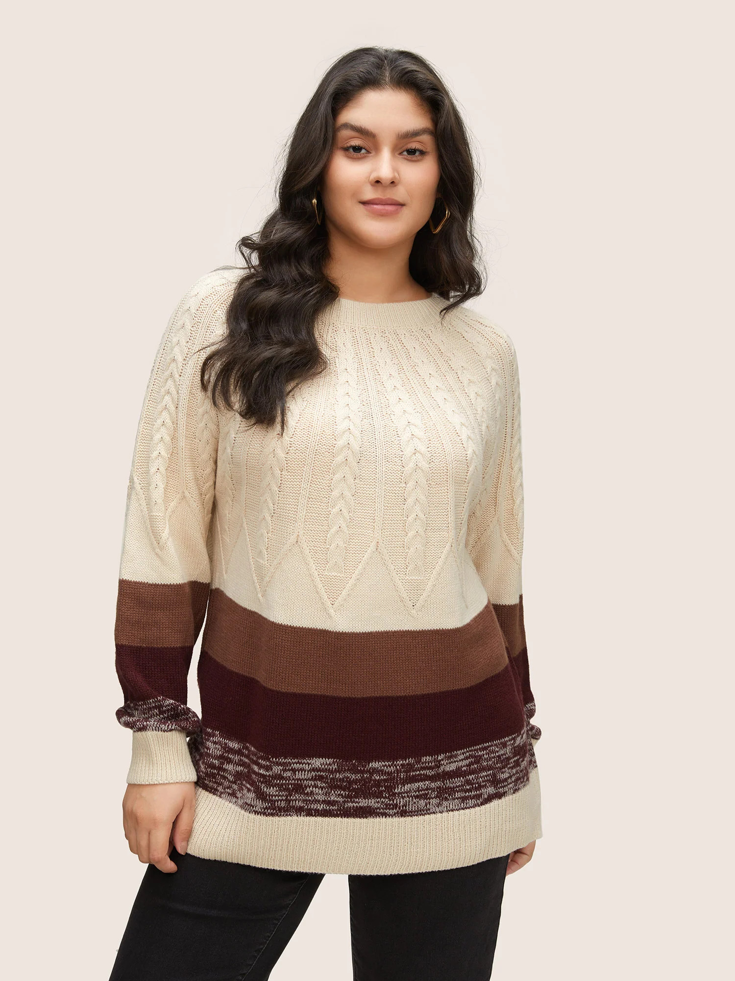 Colorblock Contrast Cable Knit Raglan Sleeve Pullover