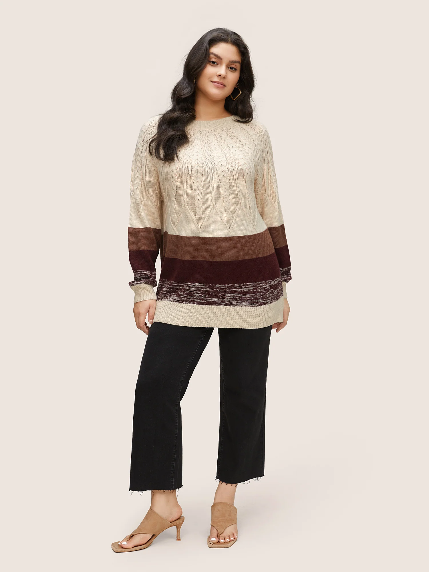 Colorblock Contrast Cable Knit Raglan Sleeve Pullover - Image 3