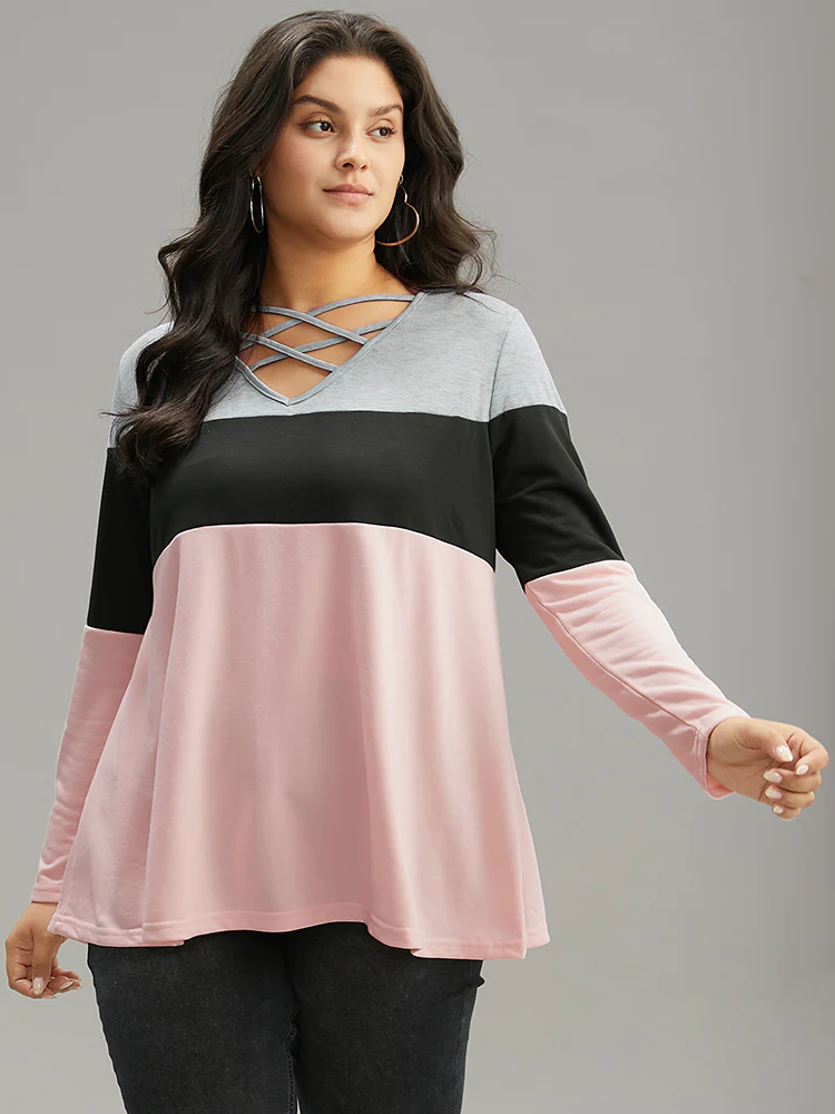 Colorblock Contrast Crisscross V Neck Sweatshirt - Image 11