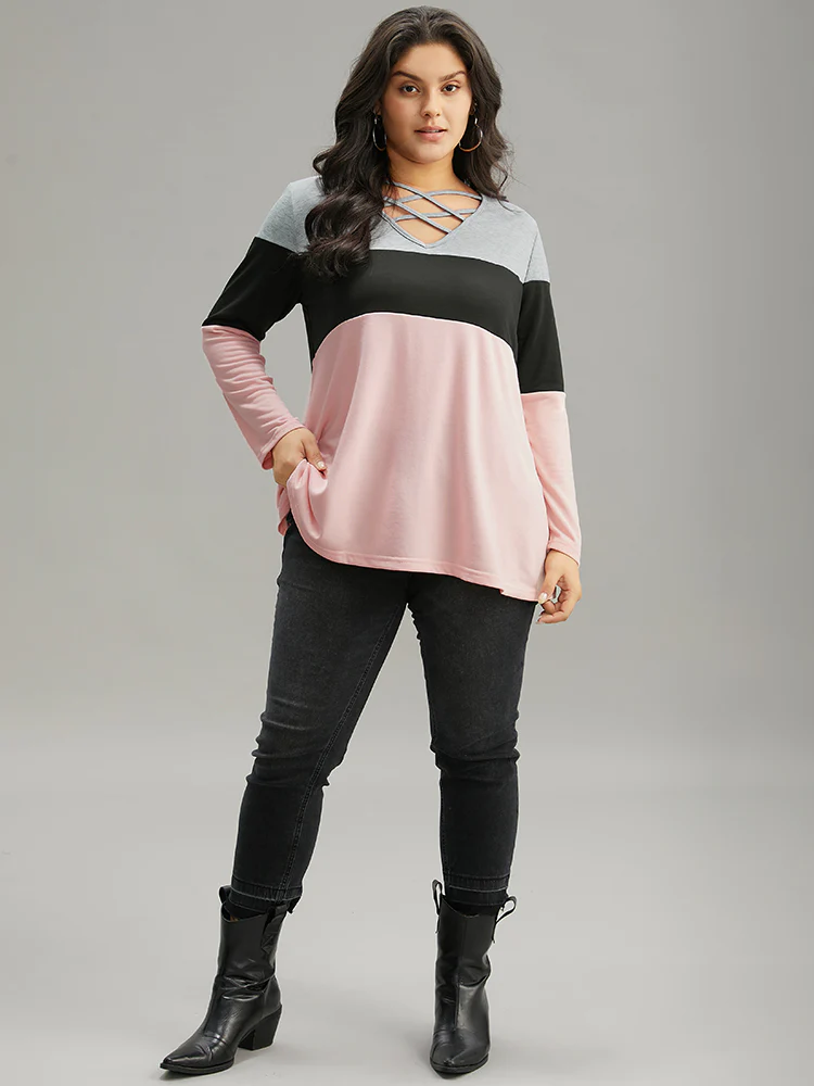 Colorblock Contrast Crisscross V Neck Sweatshirt - Image 12