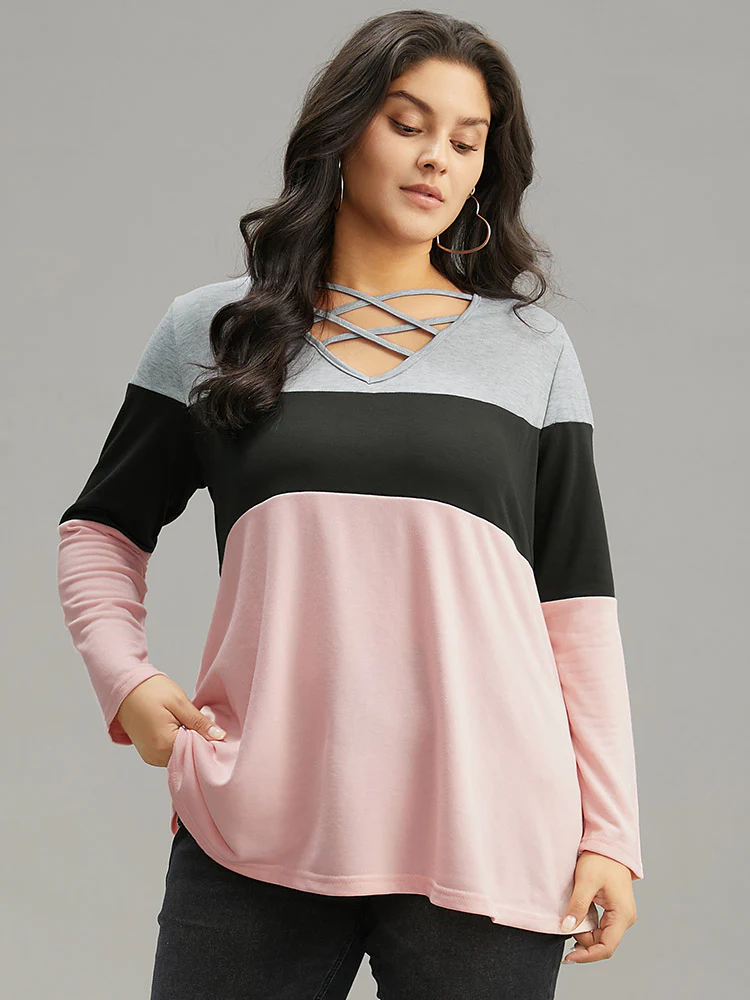 Colorblock Contrast Crisscross V Neck Sweatshirt - Image 13