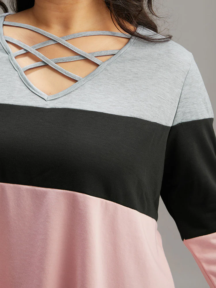 Colorblock Contrast Crisscross V Neck Sweatshirt - Image 14