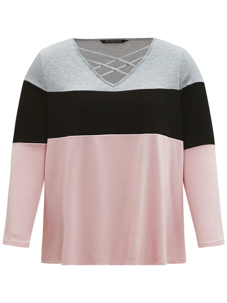 Colorblock Contrast Crisscross V Neck Sweatshirt - Image 15