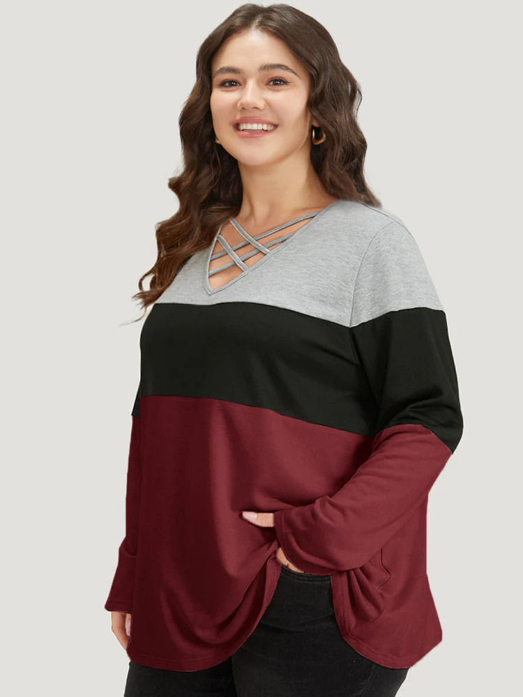 Colorblock Contrast Crisscross V Neck Sweatshirt - Image 3