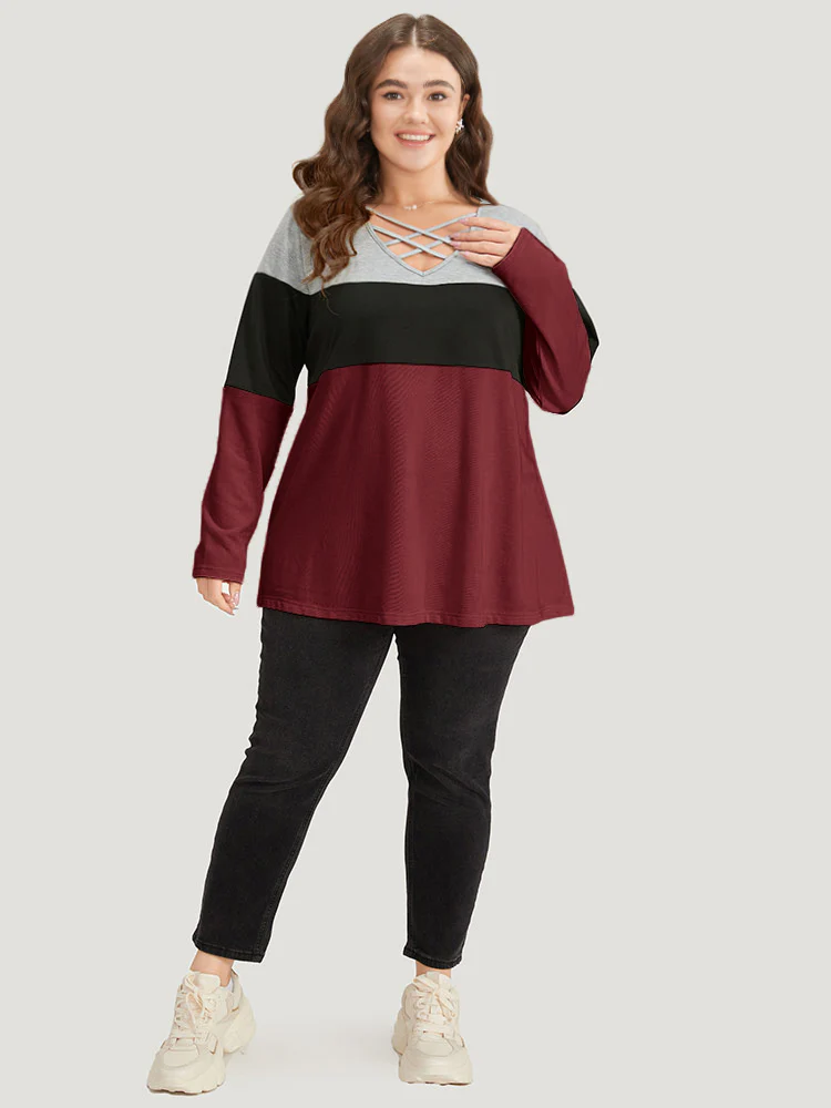 Colorblock Contrast Crisscross V Neck Sweatshirt - Image 4