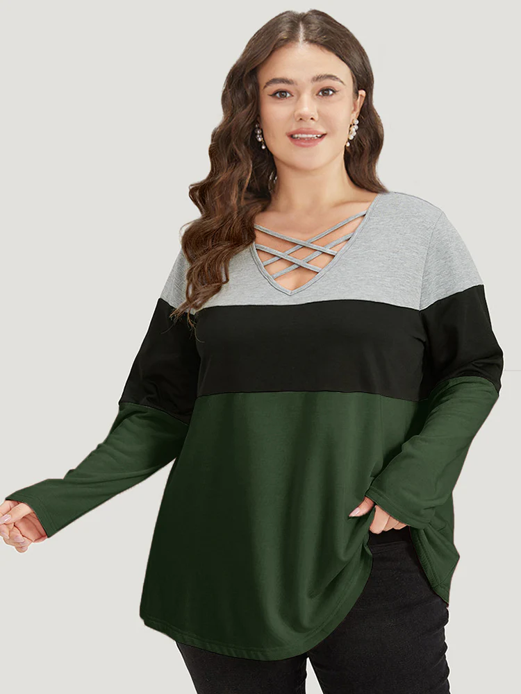 Colorblock Contrast Crisscross V Neck Sweatshirt - Image 5