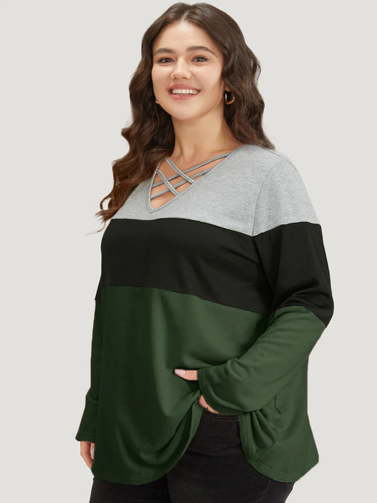Colorblock Contrast Crisscross V Neck Sweatshirt - Image 7