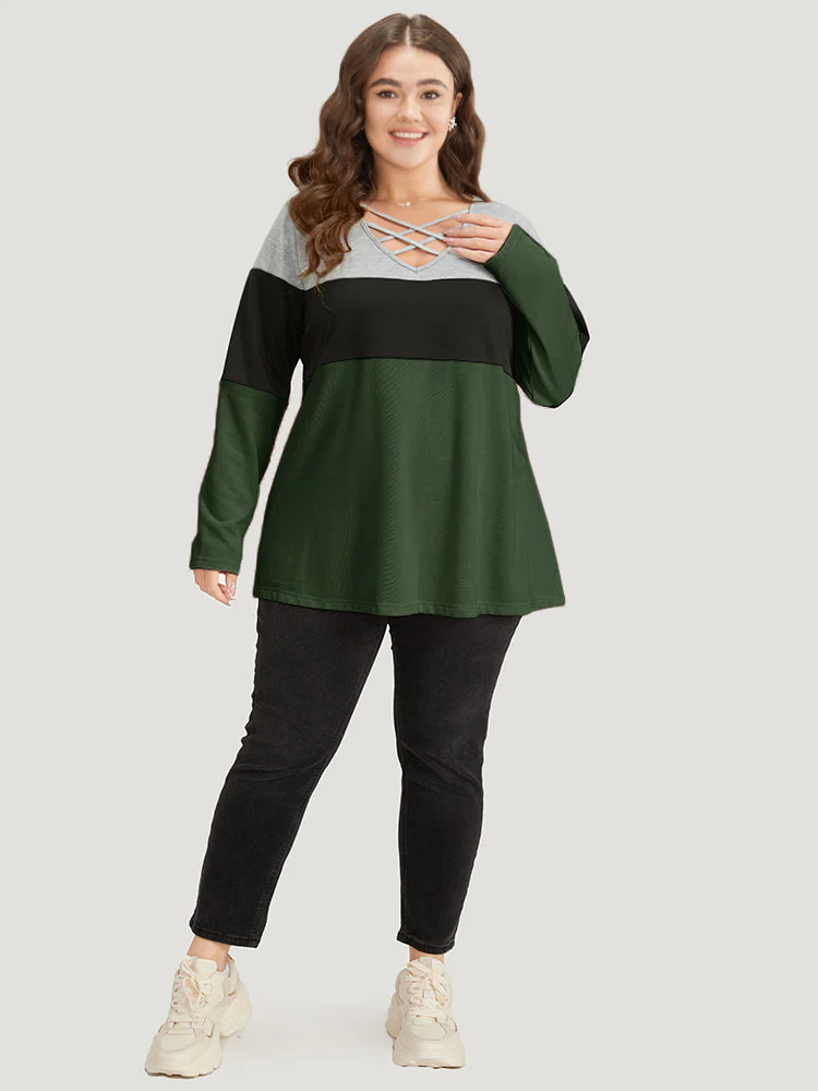 Colorblock Contrast Crisscross V Neck Sweatshirt - Image 8