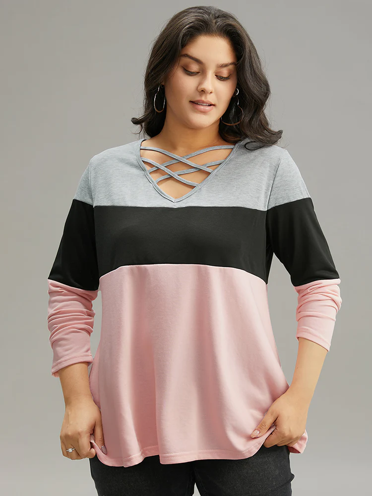 Colorblock Contrast Crisscross V Neck Sweatshirt - Image 9