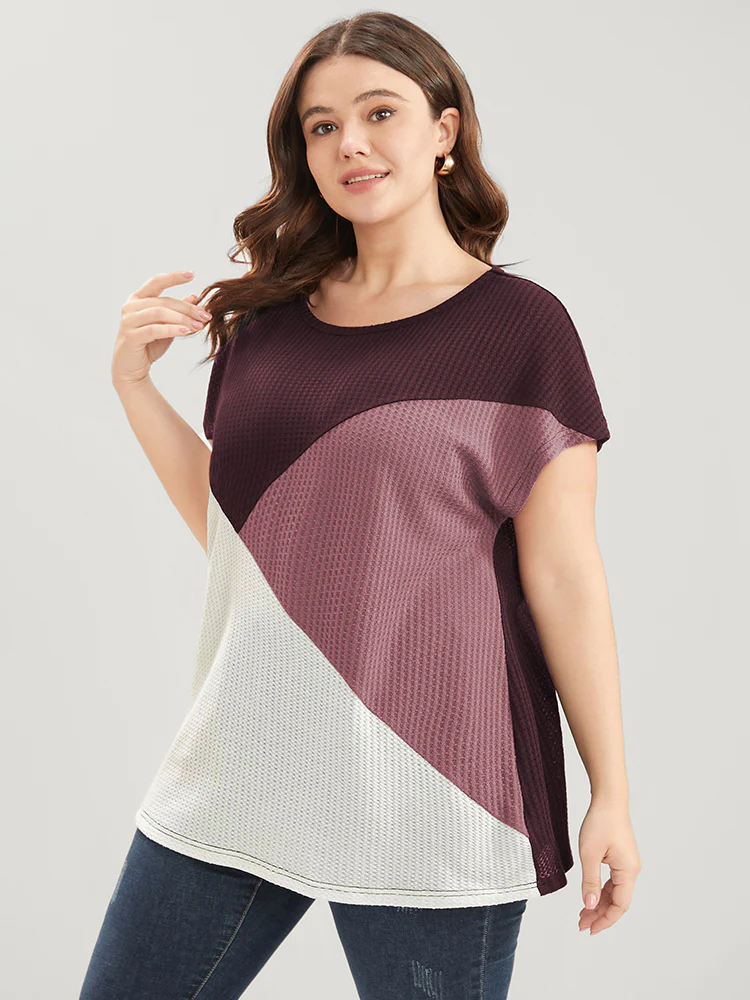 Colorblock Contrast Dolman Sleeve Waffle Knit Tee - Image 2