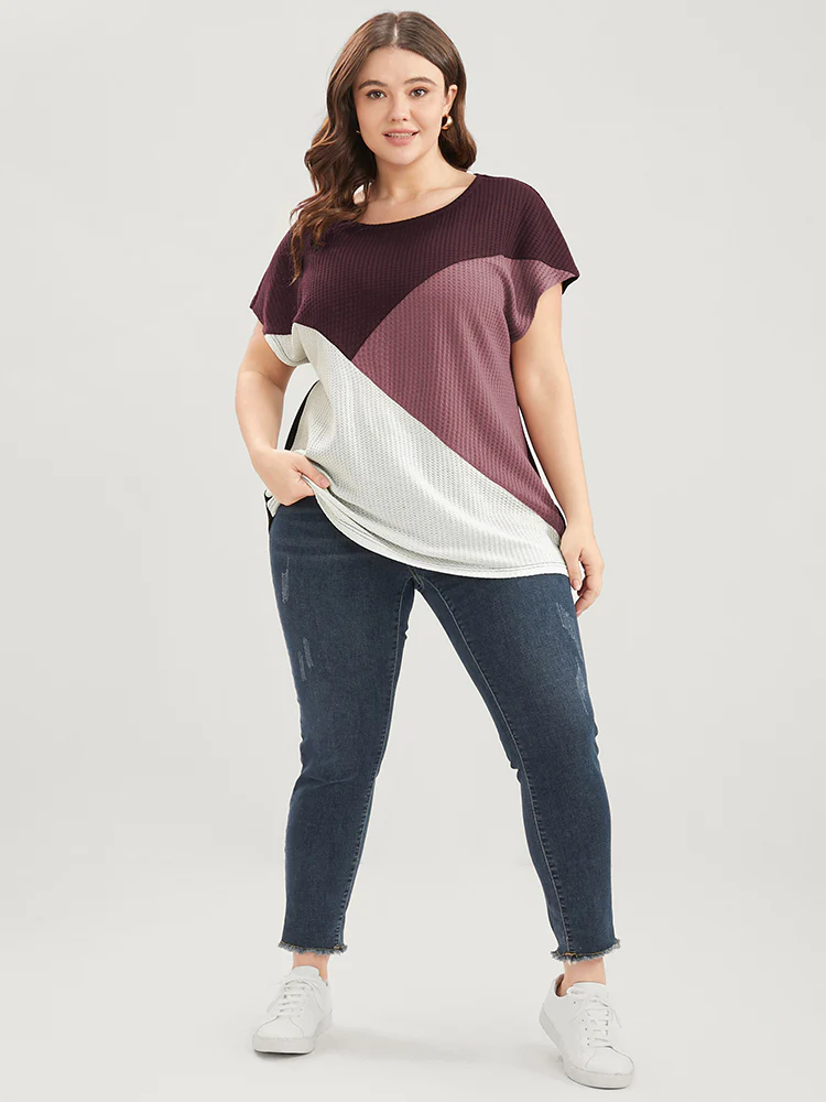 Colorblock Contrast Dolman Sleeve Waffle Knit Tee - Image 4