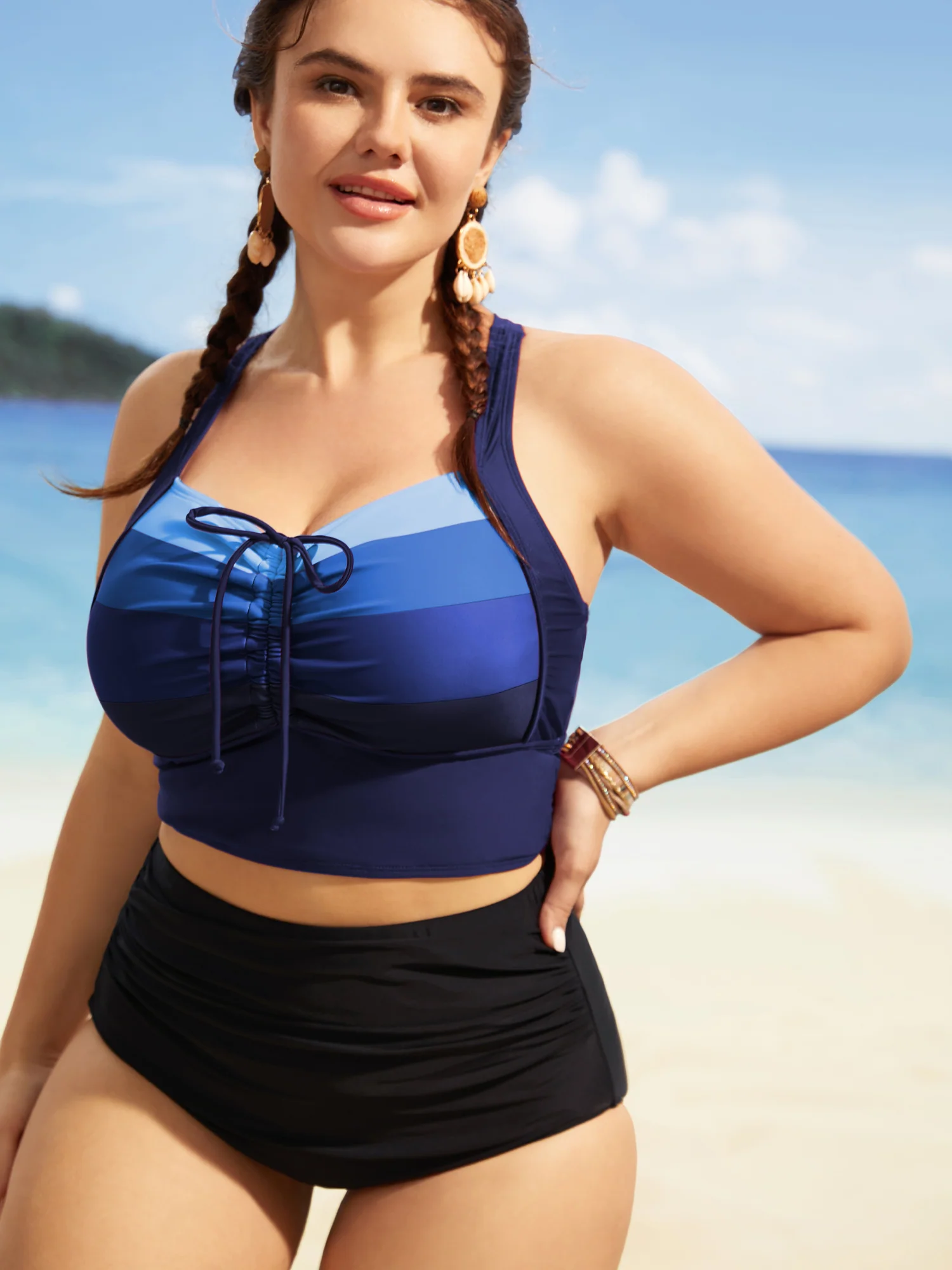 Colorblock Contrast Drawstring Gathered Swim Top - Image 13