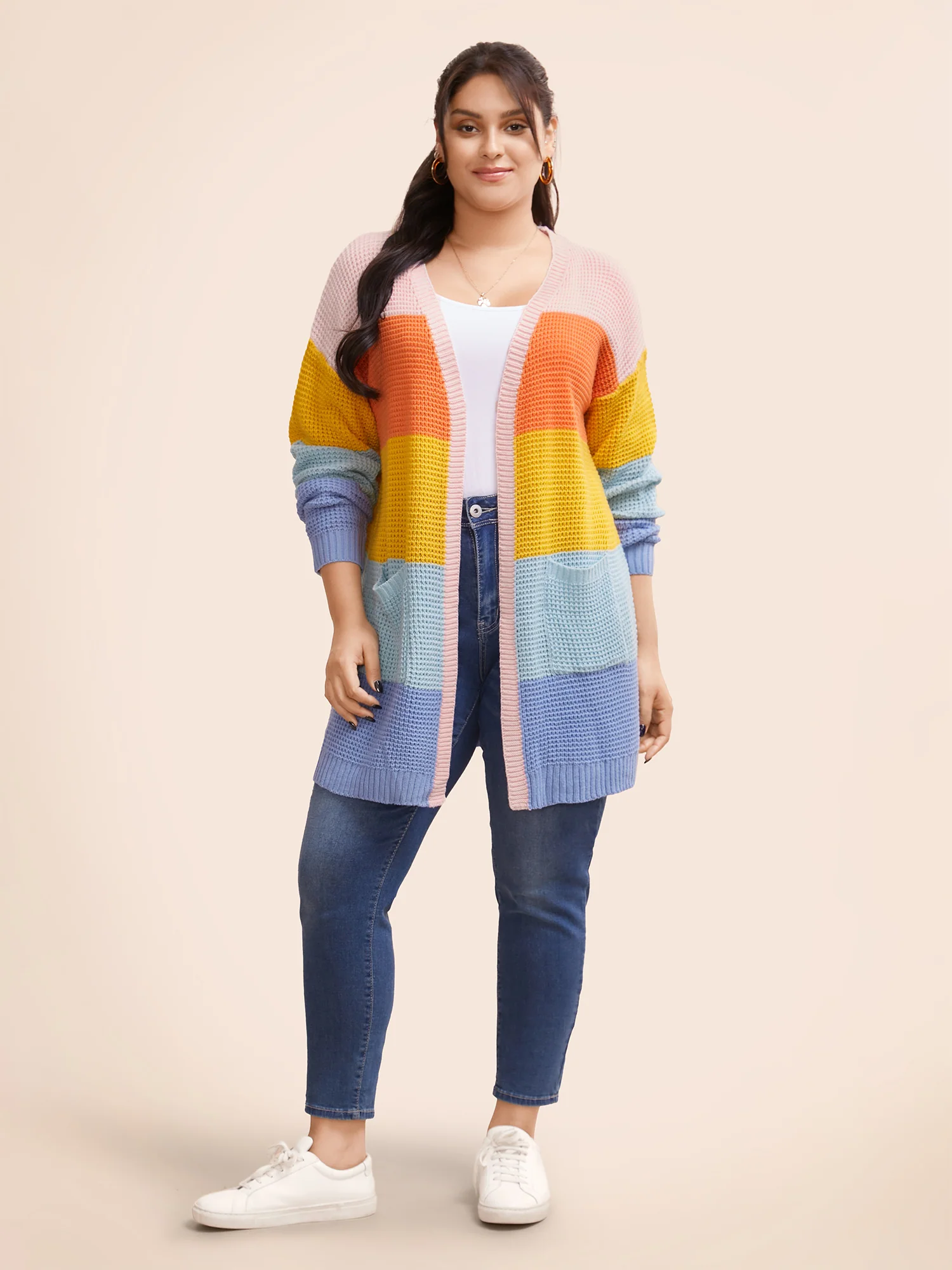 Colorblock Contrast Drop Shoulder Pocket Cardigan - Image 3