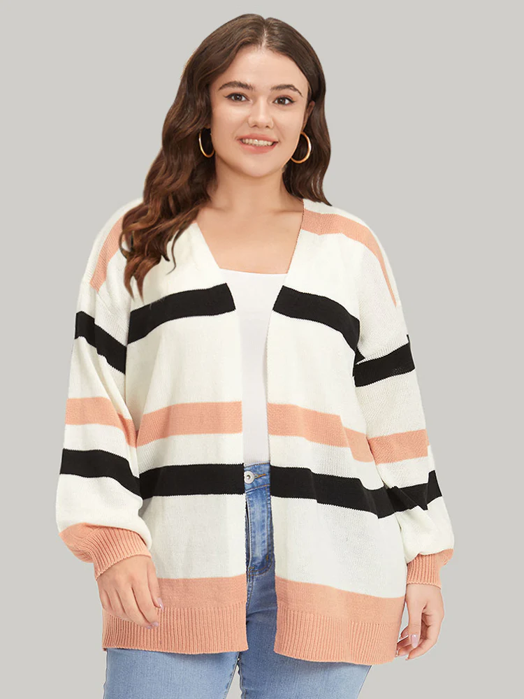 Colorblock Contrast Elastic Cuffs Open Front Cardigan - Image 3