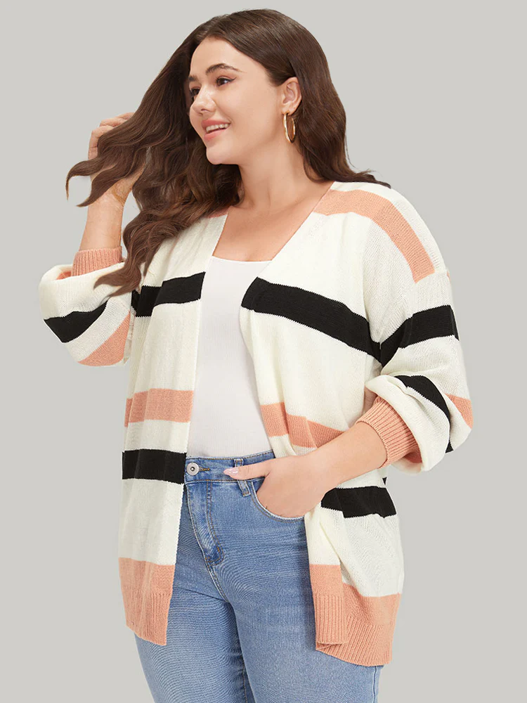 Colorblock Contrast Elastic Cuffs Open Front Cardigan - Image 4