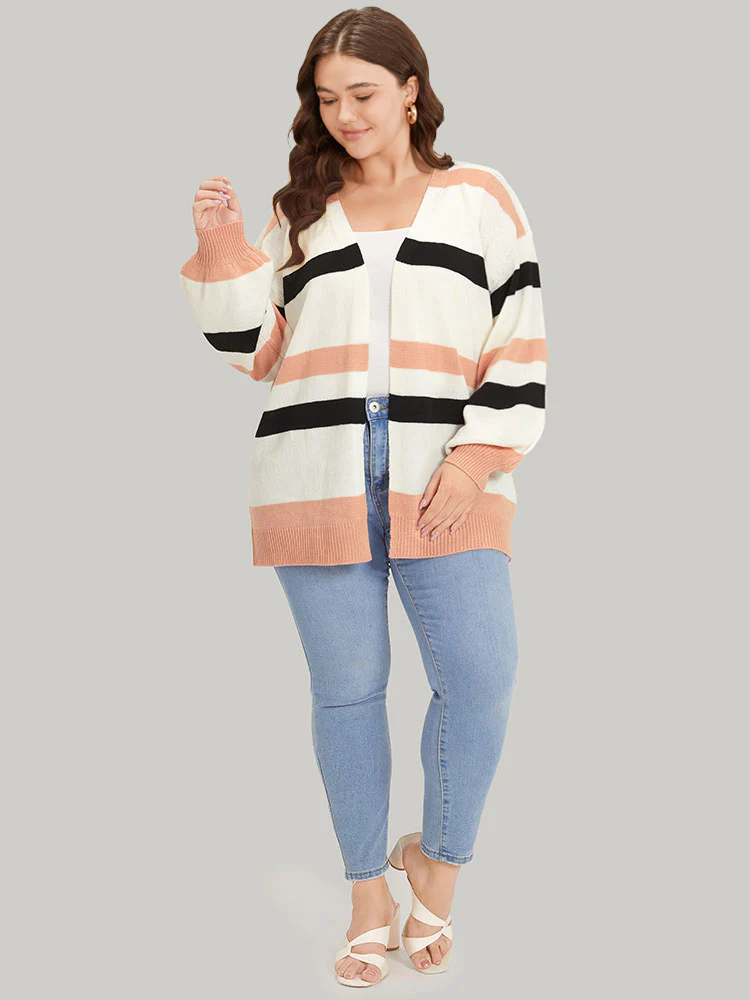 Colorblock Contrast Elastic Cuffs Open Front Cardigan - Image 5