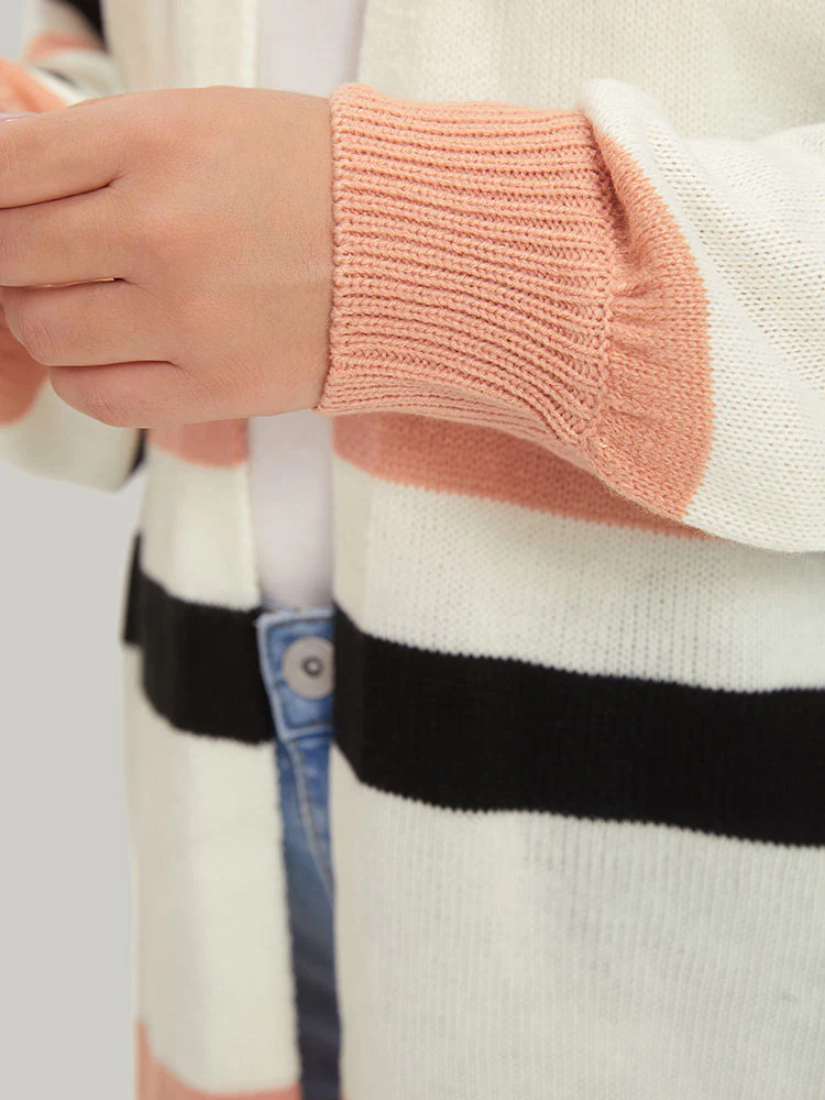 Colorblock Contrast Elastic Cuffs Open Front Cardigan - Image 7