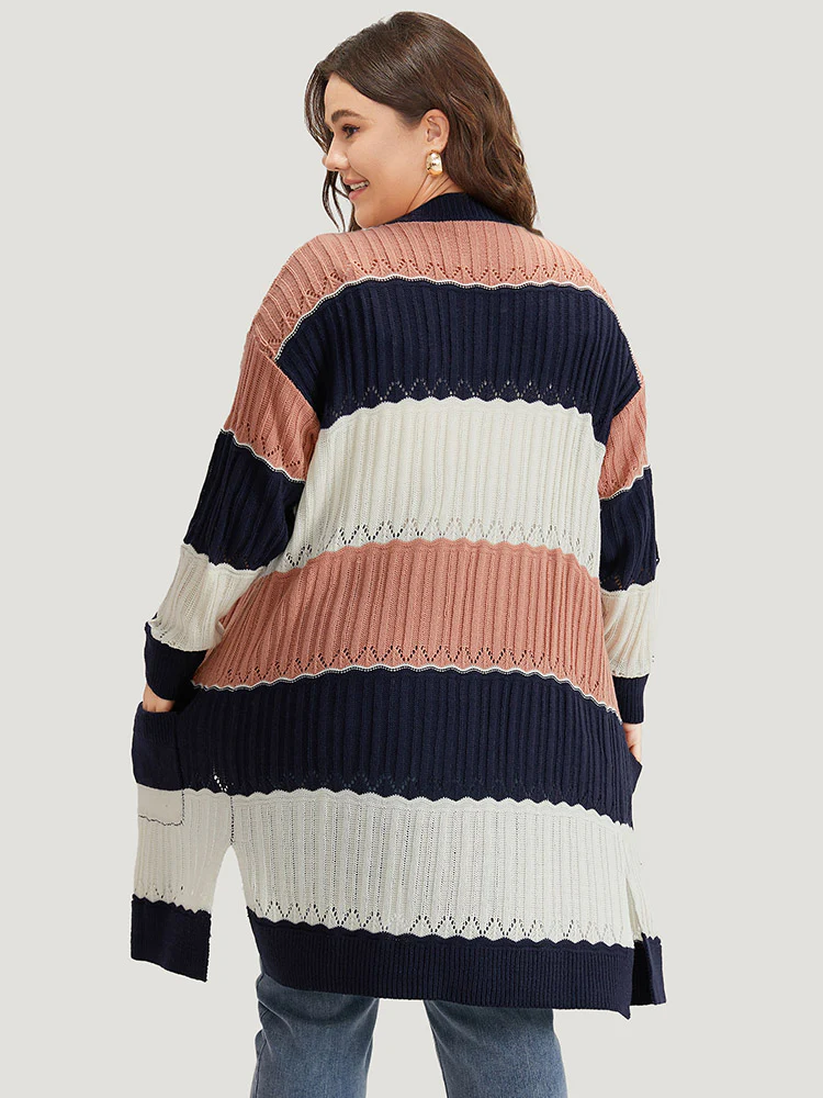 Colorblock Contrast Eyelet Open Front Cardigan - Image 2