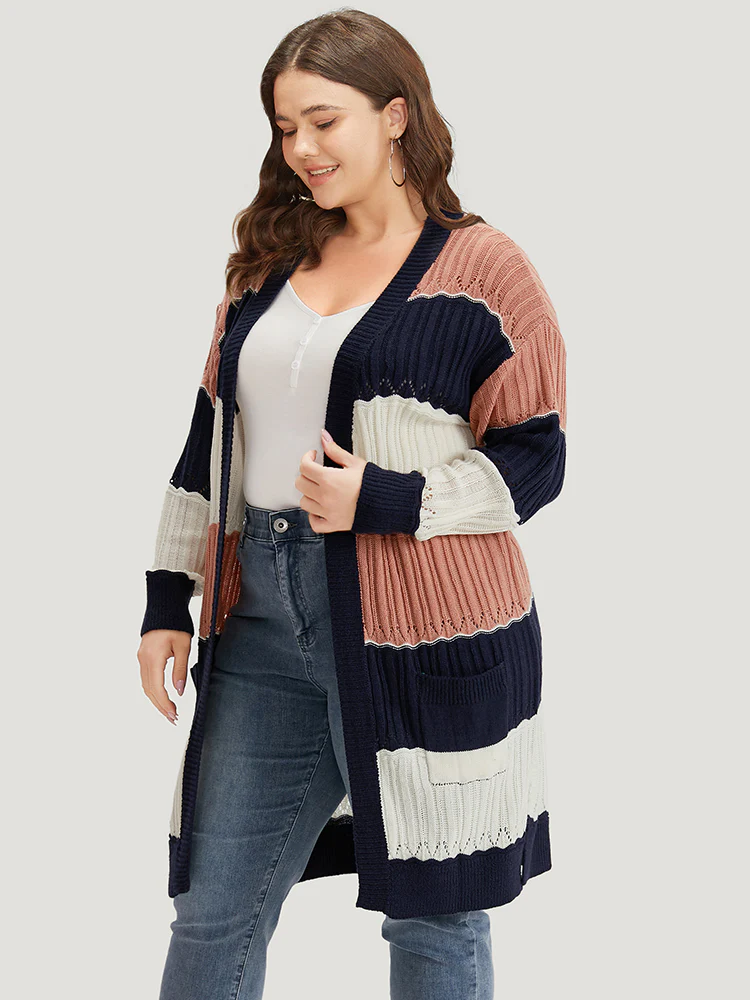Colorblock Contrast Eyelet Open Front Cardigan - Image 3