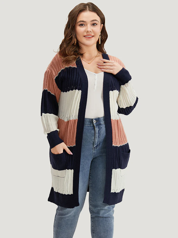 Colorblock Contrast Eyelet Open Front Cardigan - Image 4